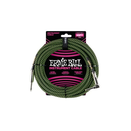 Ernie Ball 25FT STRGHT/ANGLE BRAIDED BLK/GREEN CABL
