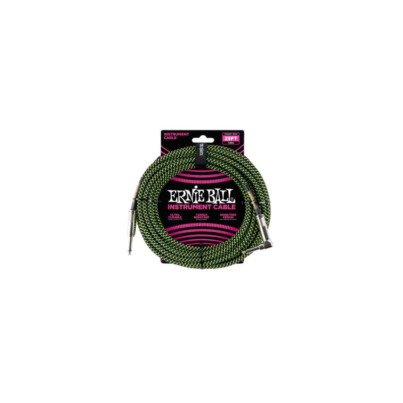 Ernie Ball 25FT STRGHT/ANGLE BRAIDED BLK/GREEN CABL