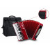 Akordeon pro začátečníky včetně popruhů a obalu. 72 basů, nízká hmotnost 7,8 kg, červená barva.